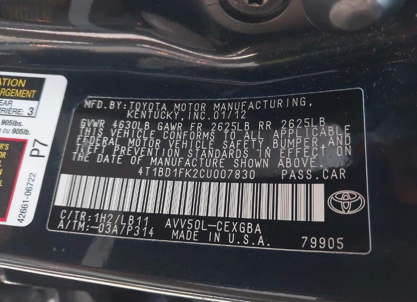 Photo 9 of 2012 Toyota Camry HYBRID XLE (VIN 4T1BD1FK2CU007830)