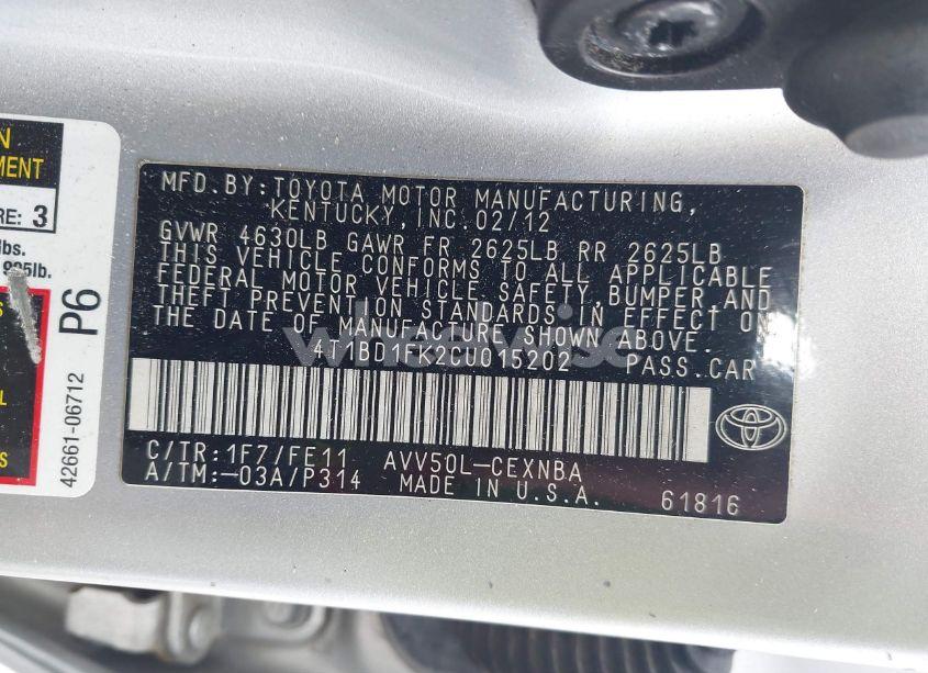 Photo 9 of 2012 Toyota Camry HYBRID LE (VIN 4T1BD1FK2CU015202)