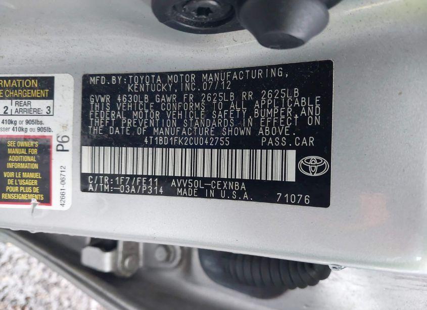 Photo 9 of 2012 Toyota Camry HYBRID LE (VIN 4T1BD1FK2CU042755)