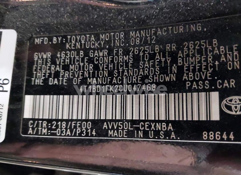 Photo 9 of 2012 Toyota Camry HYBRID LE (VIN 4T1BD1FK2CU047468)