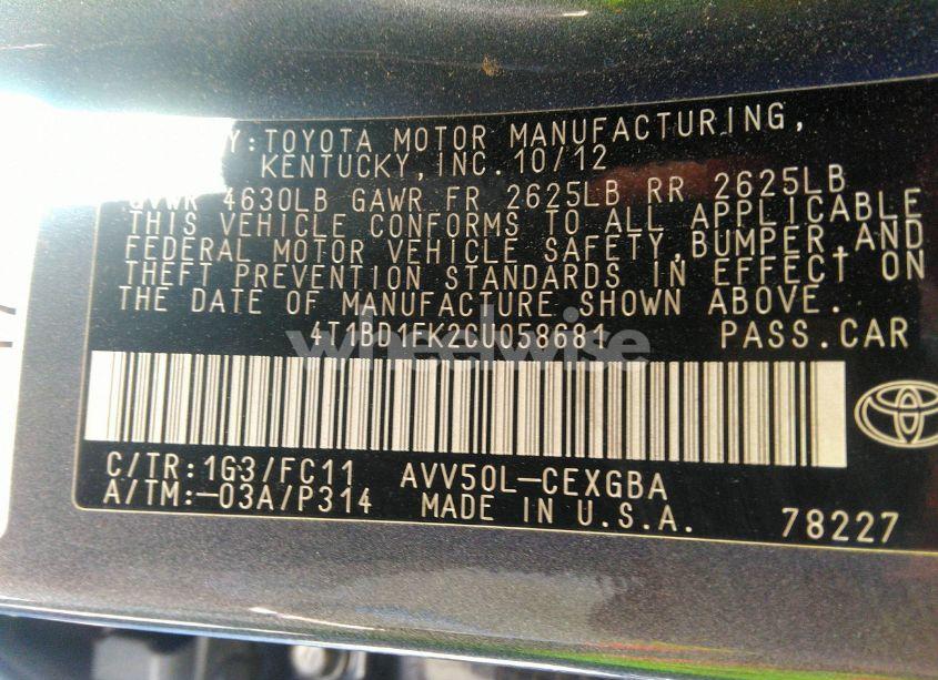 Photo 9 of 2012 Toyota Camry HYBRID XLE (VIN 4T1BD1FK2CU058681)