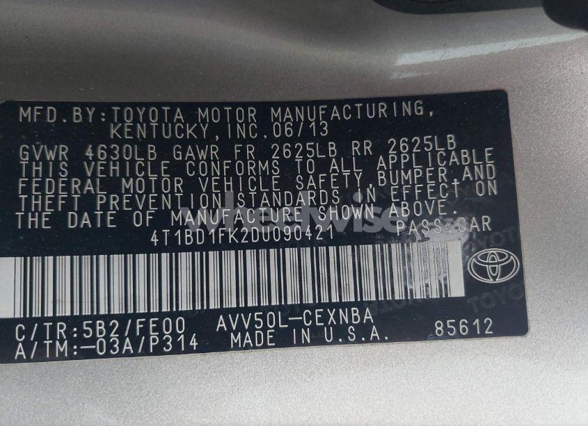 Photo 9 of 2013 Toyota Camry HYBRID LE (VIN 4T1BD1FK2DU090421)