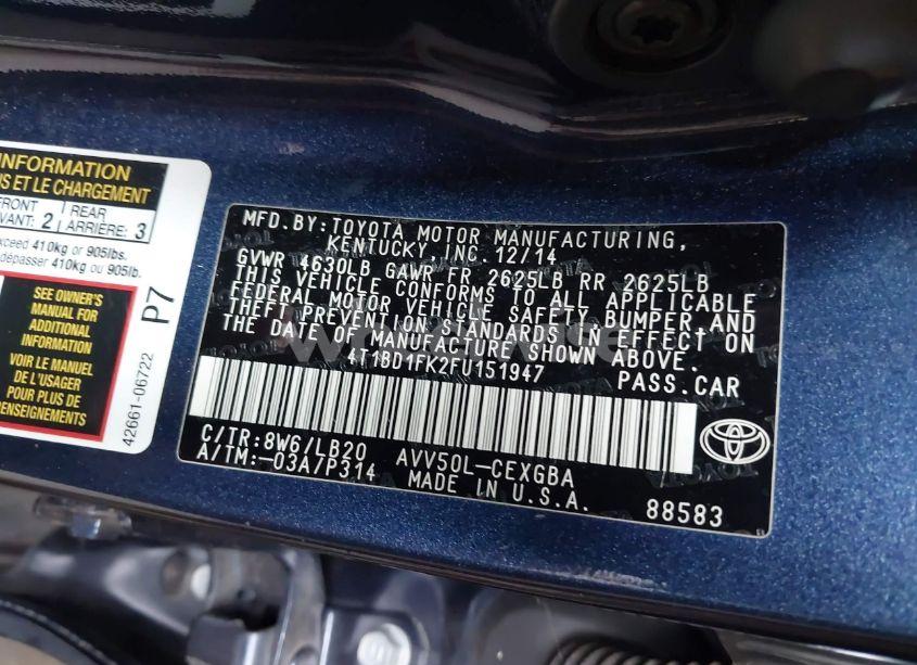 Photo 9 of 2015 Toyota Camry HYBRID XLE (VIN 4T1BD1FK2FU151947)