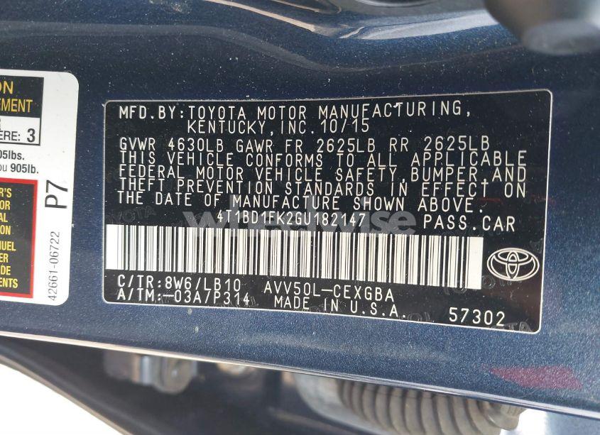 Photo 9 of 2016 Toyota Camry HYBRID XLE (VIN 4T1BD1FK2GU182147)