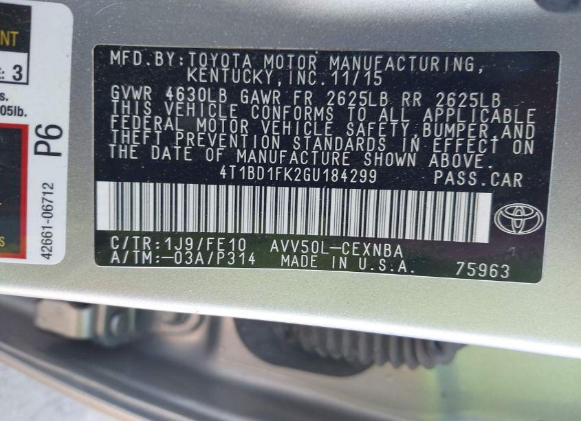 Photo 9 of 2016 Toyota Camry HYBRID LE (VIN 4T1BD1FK2GU184299)