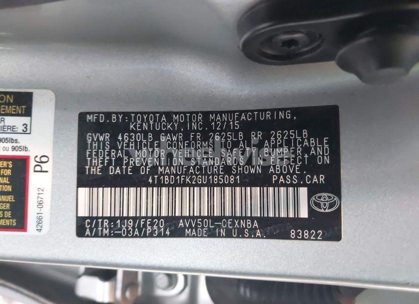 Photo 9 of 2016 Toyota Camry HYBRID LE (VIN 4T1BD1FK2GU185081)