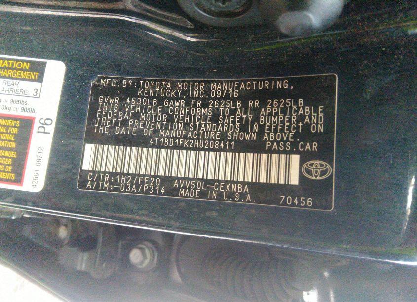 Photo 9 of 2017 Toyota Camry HYBRID LE (VIN 4T1BD1FK2HU208411)