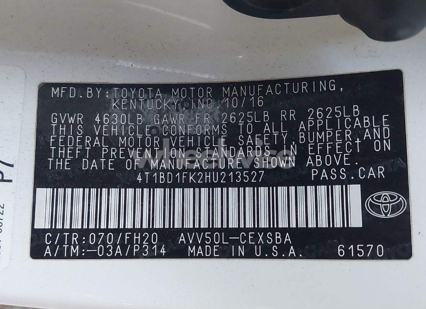 Photo 9 of 2017 Toyota Camry HYBRID SE (VIN 4T1BD1FK2HU213527)