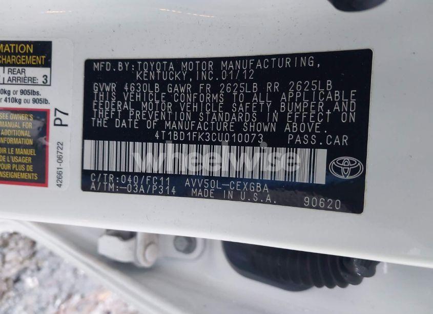 Photo 9 of 2012 Toyota Camry HYBRID XLE (VIN 4T1BD1FK3CU010073)