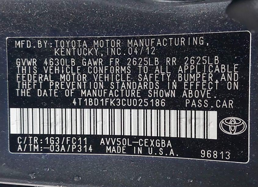 Photo 9 of 2012 Toyota Camry HYBRID XLE (VIN 4T1BD1FK3CU025186)