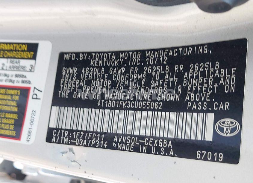 Photo 9 of 2012 Toyota Camry HYBRID XLE (VIN 4T1BD1FK3CU055062)
