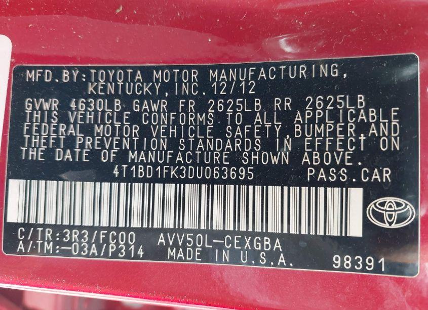 Photo 9 of 2013 Toyota Camry HYBRID XLE (VIN 4T1BD1FK3DU063695)
