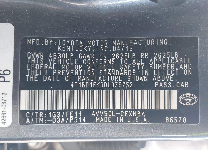 Photo 9 of 2013 Toyota Camry HYBRID LE (VIN 4T1BD1FK3DU079752)