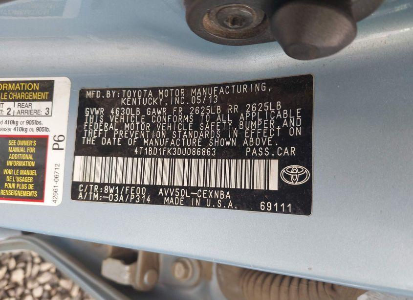 Photo 9 of 2013 Toyota Camry HYBRID LE (VIN 4T1BD1FK3DU086863)