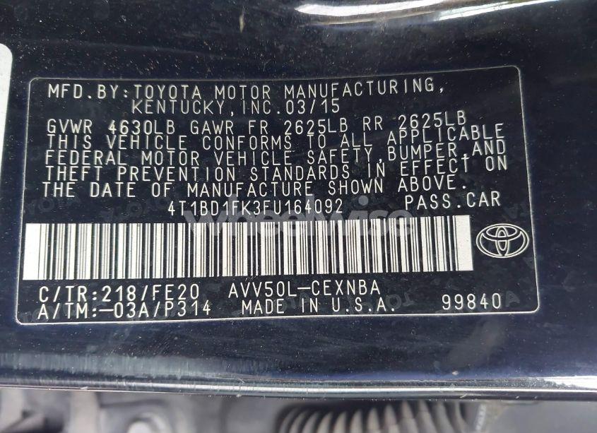 Photo 9 of 2015 Toyota Camry HYBRID LE (VIN 4T1BD1FK3FU164092)