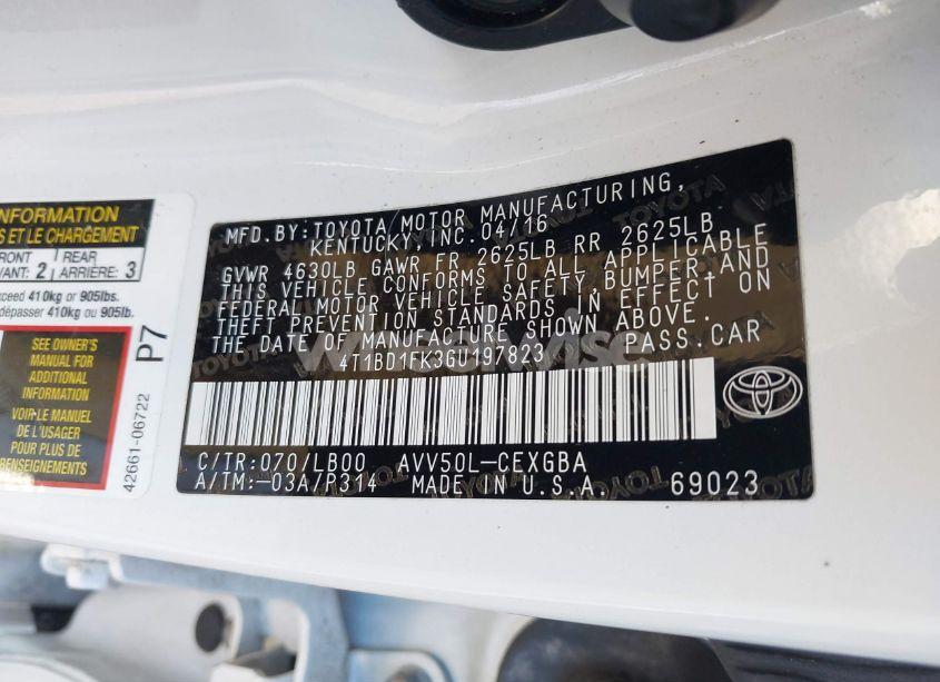 Photo 9 of 2016 Toyota Camry HYBRID XLE (VIN 4T1BD1FK3GU197823)