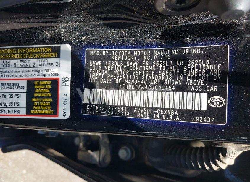 Photo 9 of 2012 Toyota Camry HYBRID LE/XLE (VIN 4T1BD1FK4CU010454)