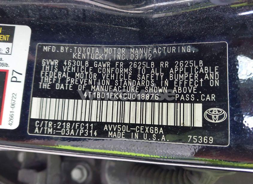 Photo 9 of 2012 Toyota Camry HYBRID XLE (VIN 4T1BD1FK4CU018876)