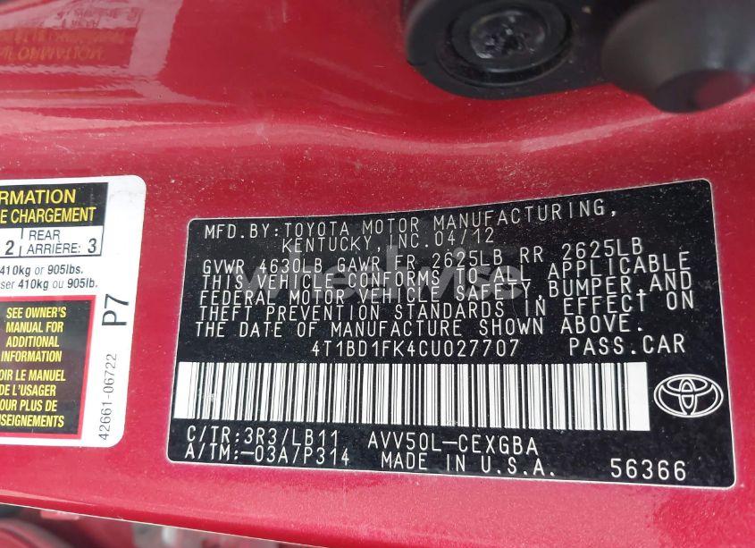 Photo 9 of 2012 Toyota Camry HYBRID XLE (VIN 4T1BD1FK4CU027707)