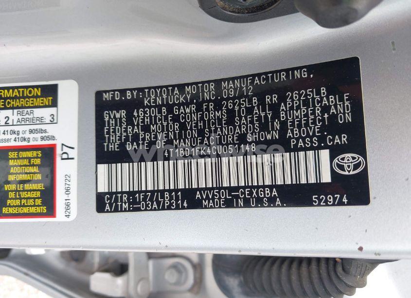 Photo 9 of 2012 Toyota Camry HYBRID LE/XLE (VIN 4T1BD1FK4CU051148)