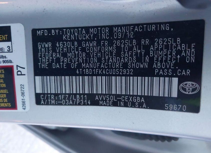 Photo 9 of 2012 Toyota Camry HYBRID XLE (VIN 4T1BD1FK4CU052932)
