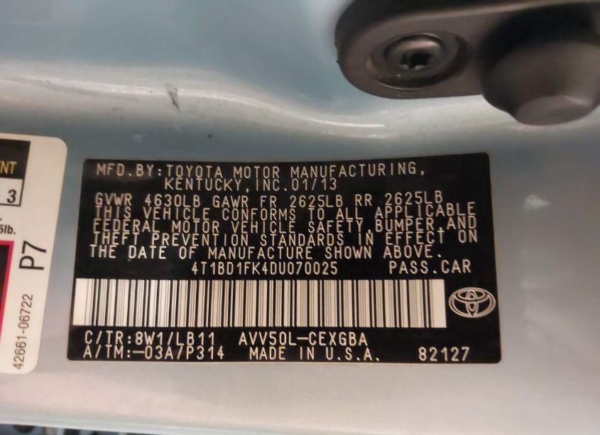 Photo 9 of 2013 Toyota Camry HYBRID XLE (VIN 4T1BD1FK4DU070025)
