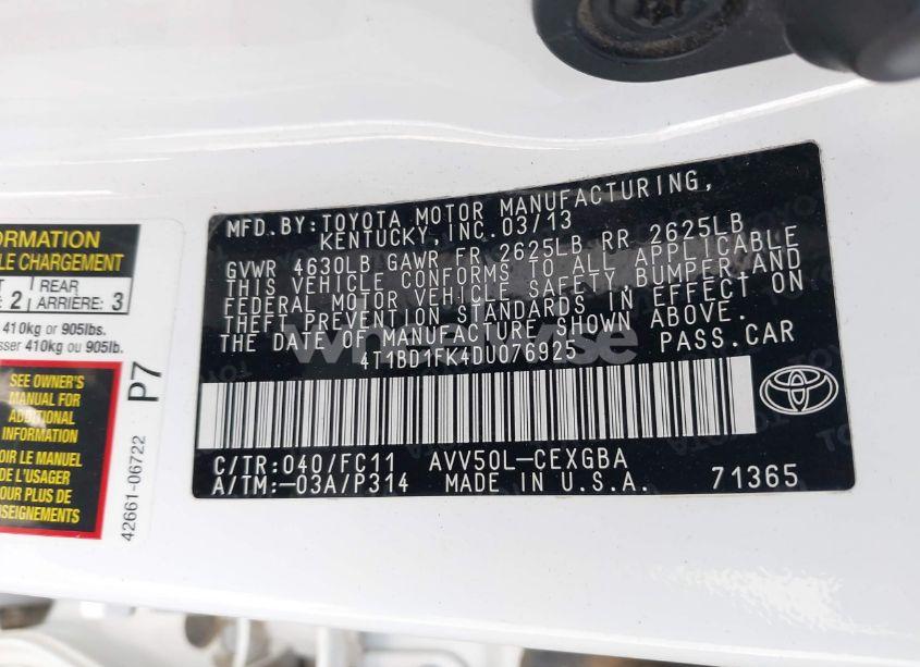 Photo 9 of 2013 Toyota Camry HYBRID XLE (VIN 4T1BD1FK4DU076925)