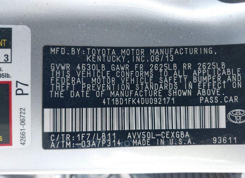 Photo 9 of 2013 Toyota Camry HYBRID XLE (VIN 4T1BD1FK4DU092171)