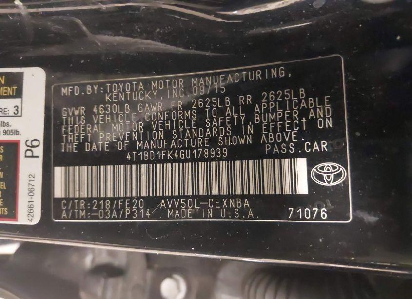 Photo 9 of 2016 Toyota Camry HYBRID LE (VIN 4T1BD1FK4GU178939)