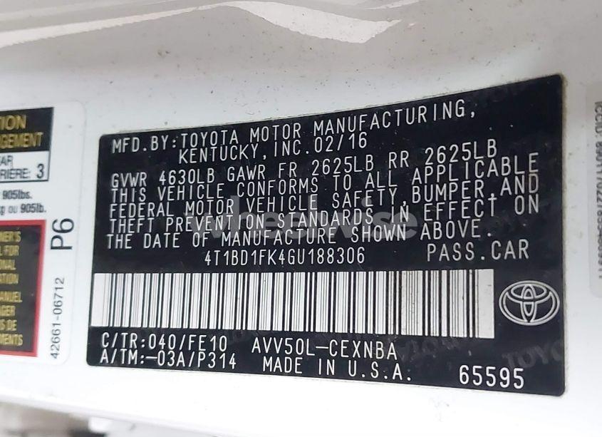 Photo 9 of 2016 Toyota Camry HYBRID LE (VIN 4T1BD1FK4GU188306)