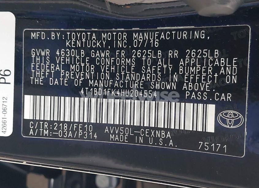 Photo 9 of 2017 Toyota Camry HYBRID LE (VIN 4T1BD1FK4HU204554)