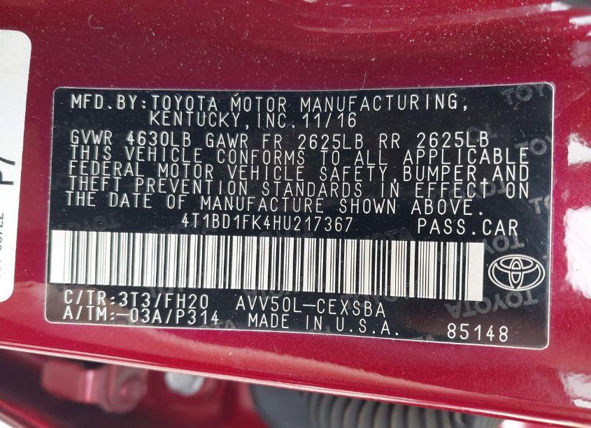 Photo 9 of 2017 Toyota Camry HYBRID SE (VIN 4T1BD1FK4HU217367)