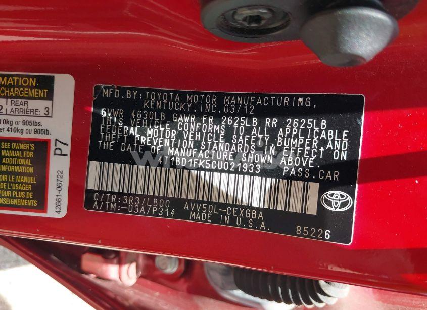 Photo 9 of 2012 Toyota Camry HYBRID LE/XLE (VIN 4T1BD1FK5CU021933)