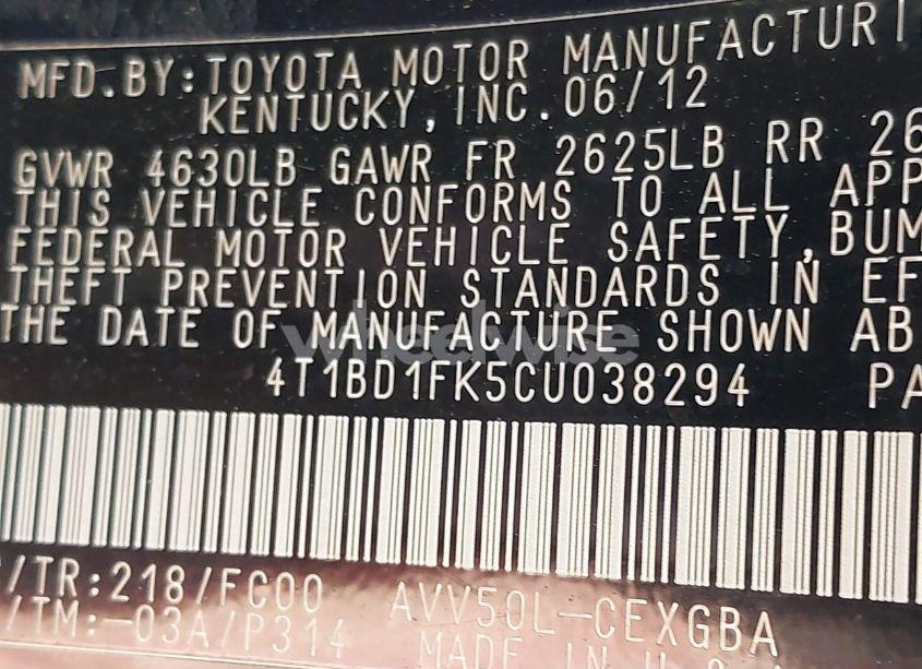 Photo 9 of 2012 Toyota Camry HYBRID XLE (VIN 4T1BD1FK5CU038294)