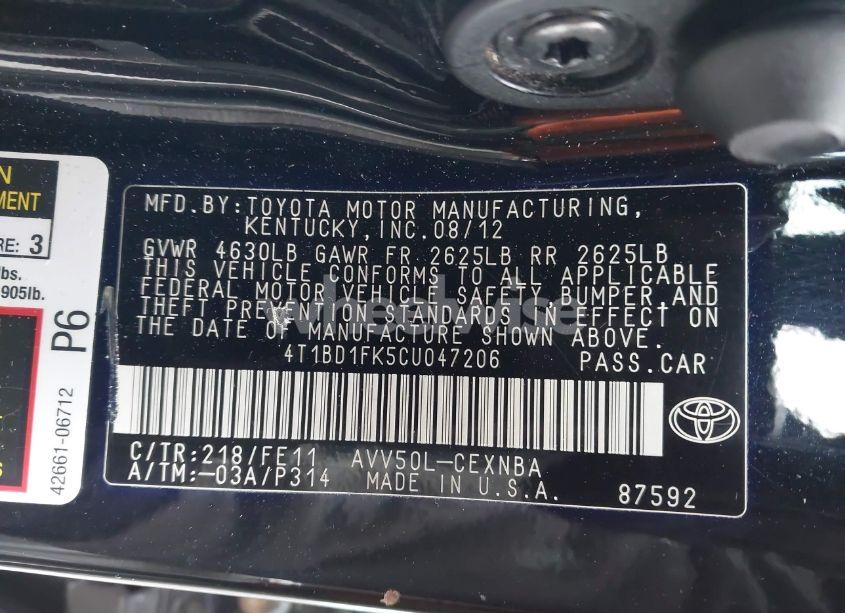 Photo 9 of 2012 Toyota Camry HYBRID LE (VIN 4T1BD1FK5CU047206)