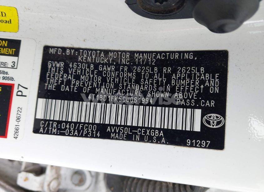 Photo 9 of 2012 Toyota Camry HYBRID XLE (VIN 4T1BD1FK5CU061994)