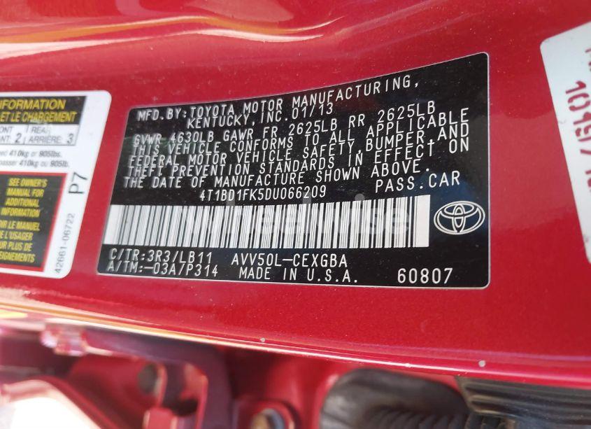 Photo 9 of 2013 Toyota Camry HYBRID XLE (VIN 4T1BD1FK5DU066209)