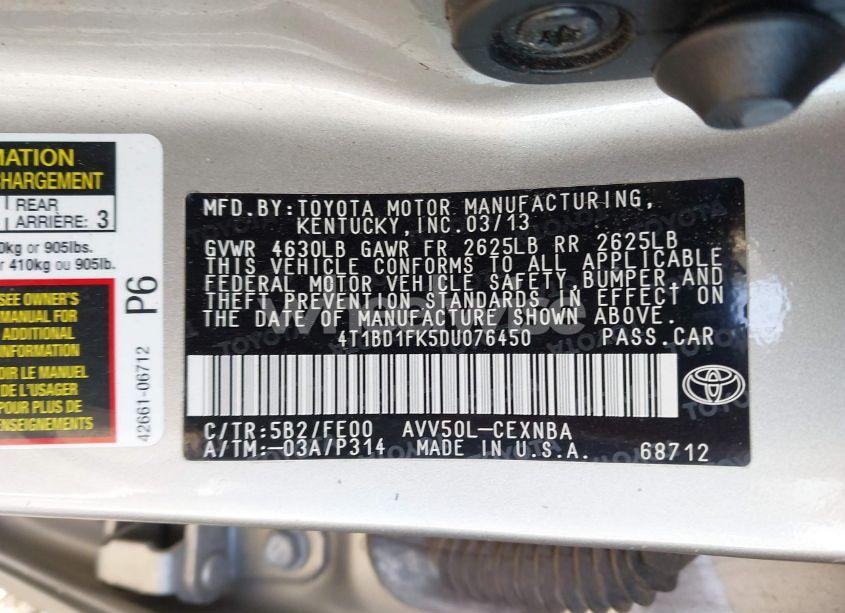 Photo 9 of 2013 Toyota Camry HYBRID LE (VIN 4T1BD1FK5DU076450)