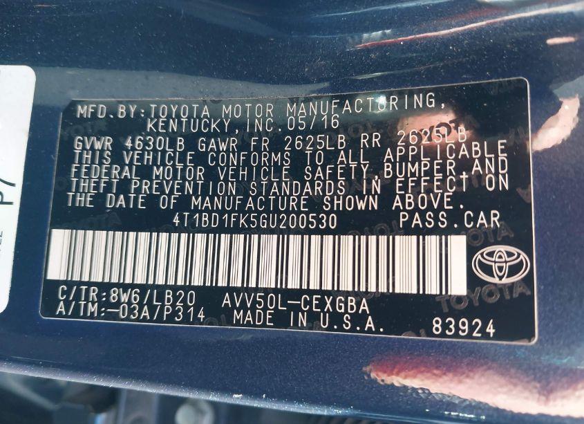 Photo 9 of 2016 Toyota Camry HYBRID XLE (VIN 4T1BD1FK5GU200530)
