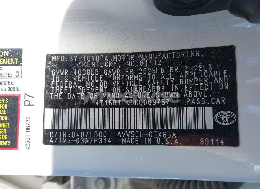 Photo 9 of 2012 Toyota Camry HYBRID XLE (VIN 4T1BD1FK6CU009757)