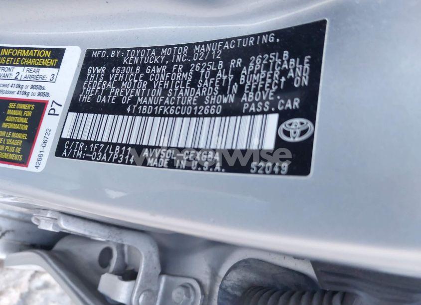 Photo 9 of 2012 Toyota Camry HYBRID XLE (VIN 4T1BD1FK6CU012660)