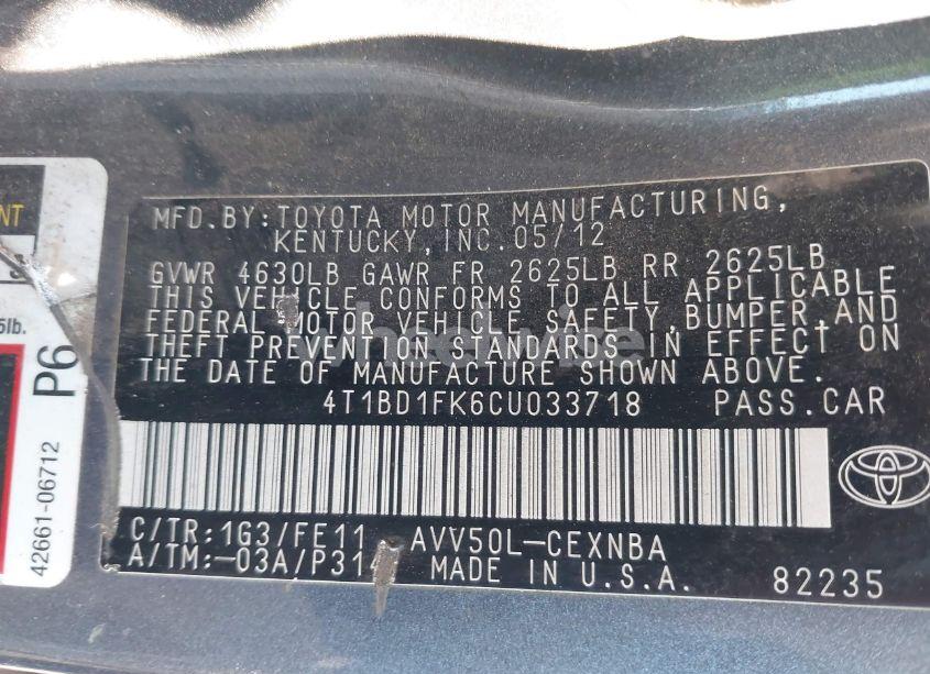 Photo 9 of 2012 Toyota Camry HYBRID LE (VIN 4T1BD1FK6CU033718)