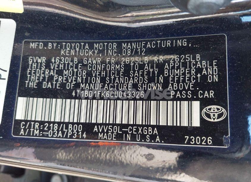 Photo 9 of 2012 Toyota Camry HYBRID XLE (VIN 4T1BD1FK6CU043326)