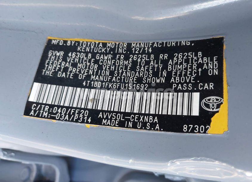 Photo 9 of 2015 Toyota Camry HYBRID LE (VIN 4T1BD1FK6FU151692)