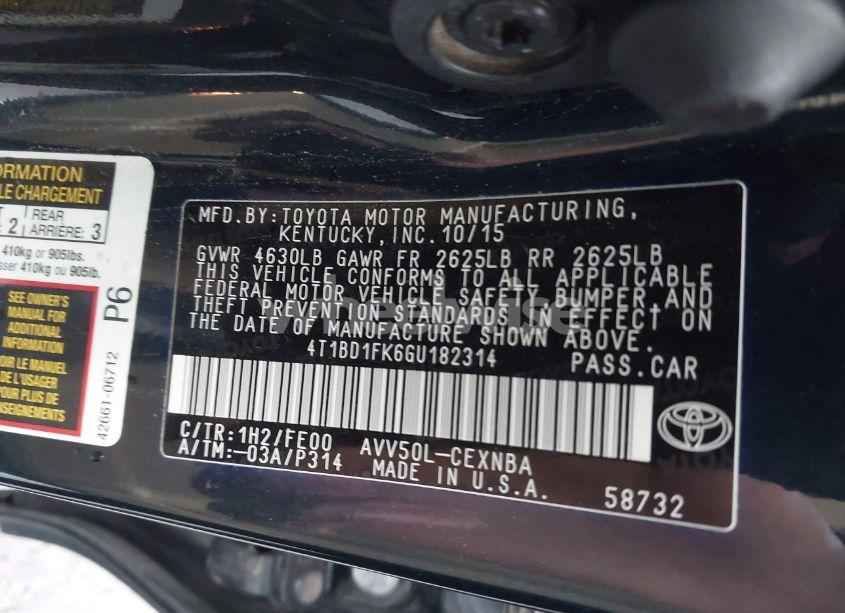 Photo 9 of 2016 Toyota Camry HYBRID LE (VIN 4T1BD1FK6GU182314)