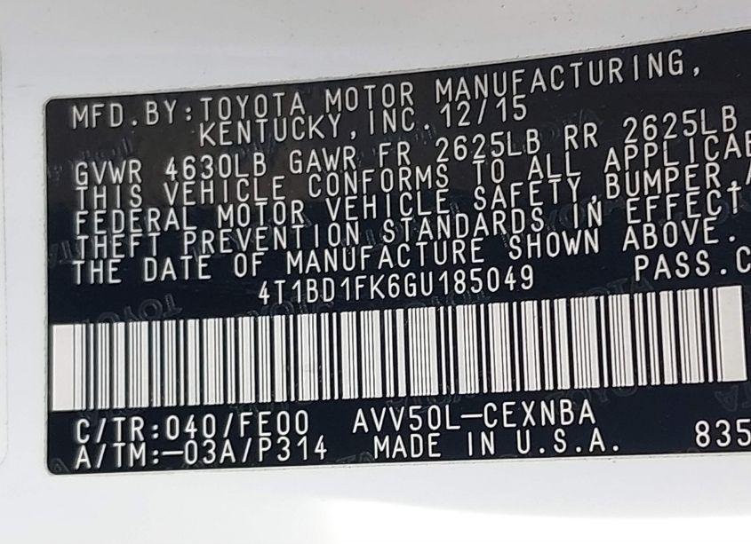 Photo 9 of 2016 Toyota Camry HYBRID LE (VIN 4T1BD1FK6GU185049)