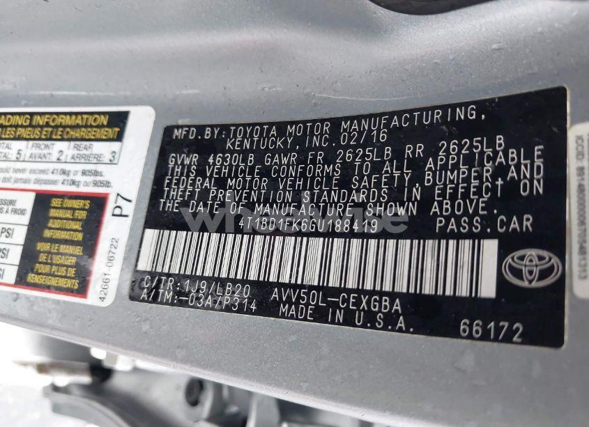 Photo 9 of 2016 Toyota Camry HYBRID XLE (VIN 4T1BD1FK6GU188419)