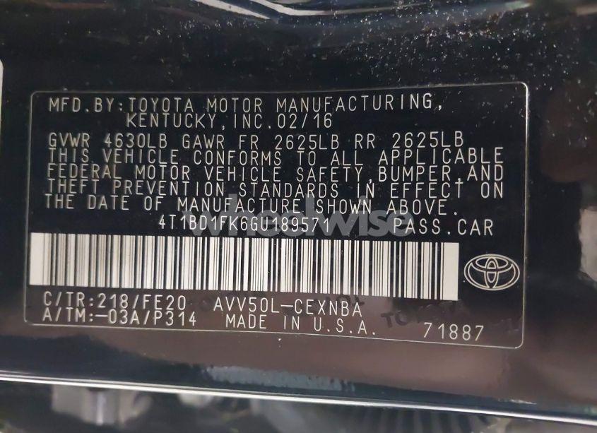 Photo 9 of 2016 Toyota Camry HYBRID LE (VIN 4T1BD1FK6GU189571)