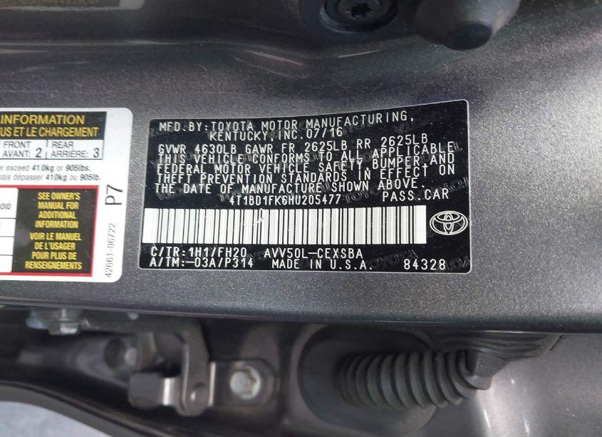 Photo 9 of 2017 Toyota Camry HYBRID SE (VIN 4T1BD1FK6HU205477)