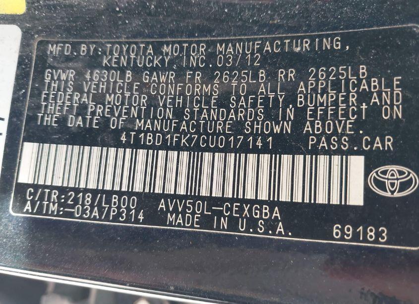 Photo 9 of 2012 Toyota Camry HYBRID XLE (VIN 4T1BD1FK7CU017141)